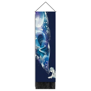 Vertical blue wall tapestry featuring a dreamy girl, crescent moon and black bottom tassels