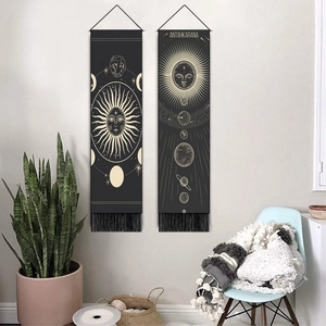 Boho sun and moon phase wall hanging tapestry set with black tassels for home decor