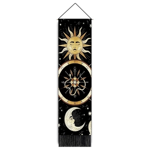 Vertical sun and moon sun god wall tapestry with black tassels and mystical symbols