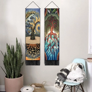 Modern Tree of Life vertical wall tapestries set of two with decorative black tassels