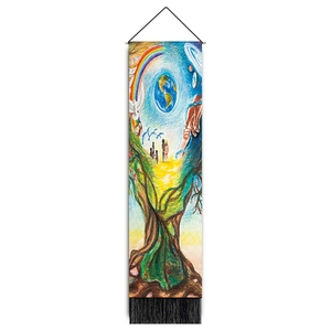 Detailed view of Tree of Life tapestry with wooden rod and black fringe tassels