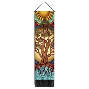 Vertical tree of life tapestry with black tassels for Nordic style wall decoration