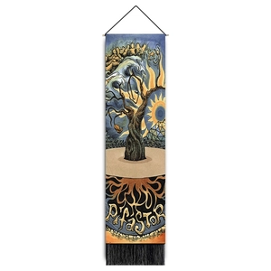 Vertical wall tapestry with Tree of Life art, golden sun, and black decorative tassels