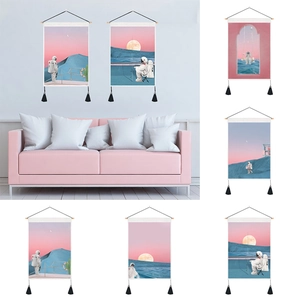 Surrealist Astronaut Wall Hanging Tapestry Polyester Cotton Canvas With Wood Rod Tassels Pink Moon Art Home Decor