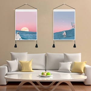 Pink sunset astronaut tapestry set of 2 with wooden hanging rods and black tassels
