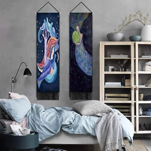 Lot de deux tapisseries murales soleil et lune avec pompons noirs et motifs fantastiques