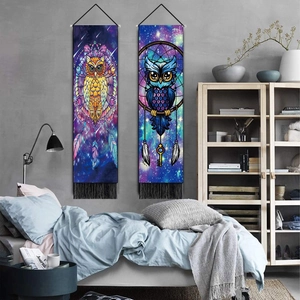 Modern owl dreamcatcher tapestry set with starry galaxy design and black fringe