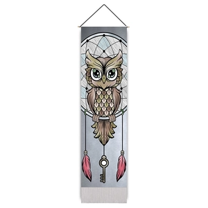 Vertical wall hanging dream catcher featuring owl artwork with pink feathers and key detail