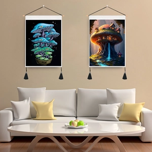 Fantasy mushroom wall tapestry set with wooden hanging scrolls and black tassels for decor