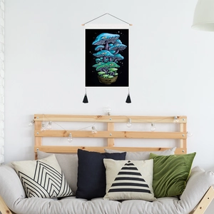 Dreamy psychedelic mushroom wall tapestry with wooden rod and black tassels on white wall