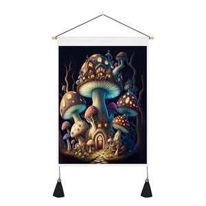 Fantasy mushroom tree house wall tapestry with wooden frame and black tassels