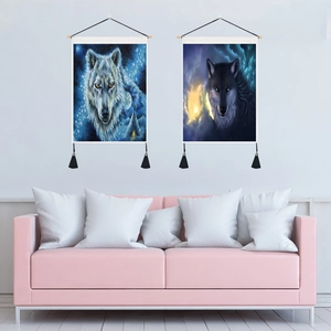 Wolf fantasy art wall tapestries with wooden hangers and tassels for home decor