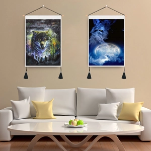 Wolf wall hanging tapestry set with wooden scrolls and tassels for home wall decoration