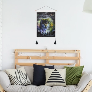 Wolf printed wall tapestry with starry city background and wood frame in home setting
