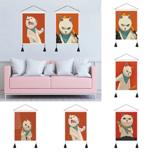 Cartoon Cat Wall Hanging Tapestry Polycotton Fabric Scroll Painting With Wood Rod And Tassels Nordic Decorative Art