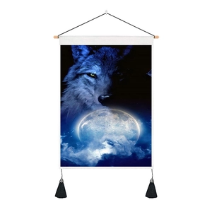 Macro detail of wolf wall tapestry featuring wood rod and black decorative tassels