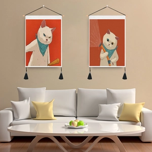 Cartoon white cat decorative wall hanging tapestry with wooden poles and bottom tassels
