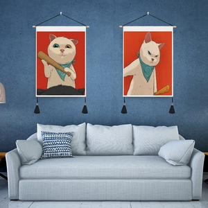 Nordic cartoon cat wall tapestries with wooden poles and tassels on a red canvas