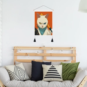 Nordic wall hanging tapestry featuring a white cat illustration on orange background
