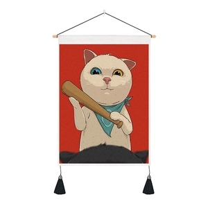 Cartoon cat wall scroll in Nordic style with red background and wooden rod