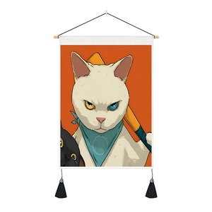 Detail of Nordic cat wall tapestry with wooden rod, hanging rope and black tassels