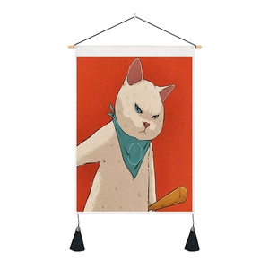 Detail of Nordic style cat wall hanging showing cotton linen texture and black tassels