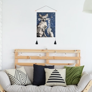 Sphynx Katze Wandteppich mit schwarzen Quasten für gemütliche Schlafzimmer Dekoration