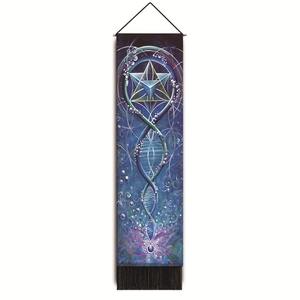 Vertikaler Wandteppich Meditation mit heiliger Geometrie und DNA-Spiral-Nebula