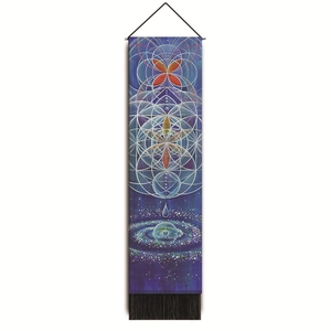 Meditations-Wandteppich mit heiliger Geometrie, Nebel-Motiv und schwarzen Dekoquasten