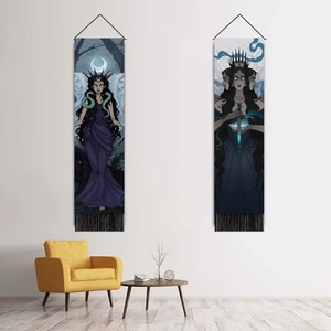 Dark fantasy lunar goddess tapestry with black tassels on white wall with yellow sofa