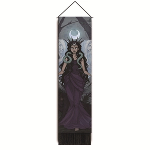 Gothic moon goddess wall tapestry with dark myth illustration and black decorative tassels