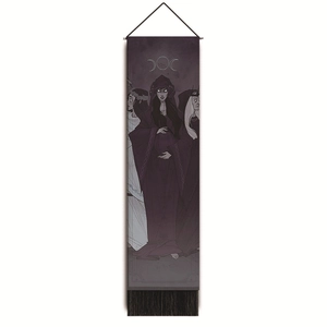 Vertical lunar eclipse tapestry with mystic women art and elegant black bottom tassels