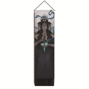 Detail of Hecate goddess wall tapestry with black tassels and mystical occult artwork