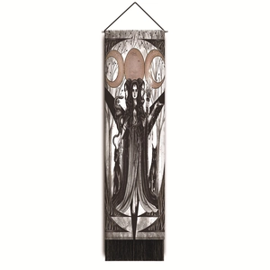 Detailed view of dark fantasy goddess tapestry with moon symbols and hanging rod accessory