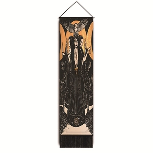 Detailed view of dark gothic tapestry with triple goddess hecate and black fringes