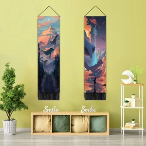 Detailed view of sunset whale tapestries with black tassels and elegant hanging hardware