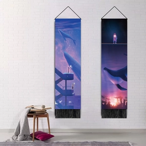 Vertical wall tapestry set with sunset whale and starry sky art, black tassels included