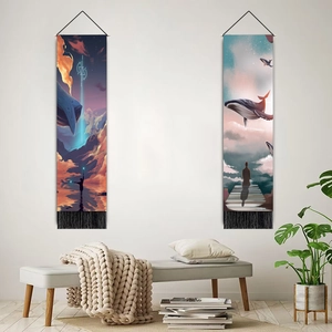 Whale sunset tapestry wall hanging set with black tassels for home living room decor