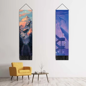 Minimalist sunset and whale wall tapestries with black tassels in a bright modern living room