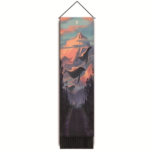 Detailed surreal sunset whale tapestry featuring snow mountains and forest landscape