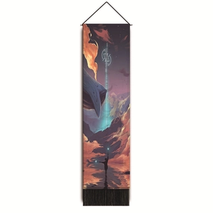Detailed view of sunset whale tapestry featuring fantasy clouds, tassels, and hanging rod