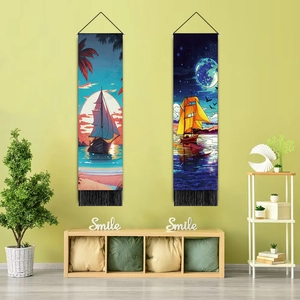 Detail view of sailboat decorative wall tapestries with elegant black tassel hanging decor