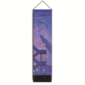 Detailed view of vertical sunset whale tapestry with stars, dreamlike clouds, and tassels