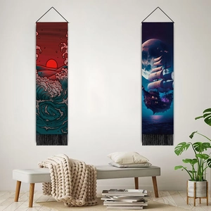 Nautical wall tapestries featuring ocean waves and sailing ship with black tassels