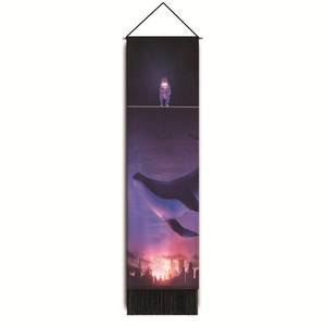 Vertical sunset whale tapestry with stars, city skyline, and black fringe tassels