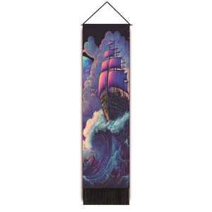 Detail of sailboat wall tapestry featuring purple waves, black tassels and hanging rope