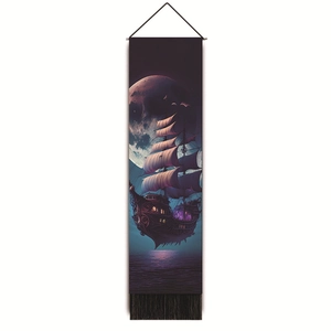 Vertical wall tapestry with sailing boat under full moon and purple tassels