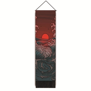 Ukiyo-e style sailing boat and red sun wall scroll with elegant black tassels