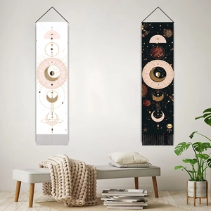 Moon phase wall tapestry with tassels and geometric patterns for bohemian living room decor