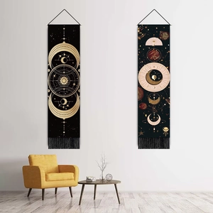 Bohemian moon phase hanging tapestry set with golden celestial patterns and black tassels